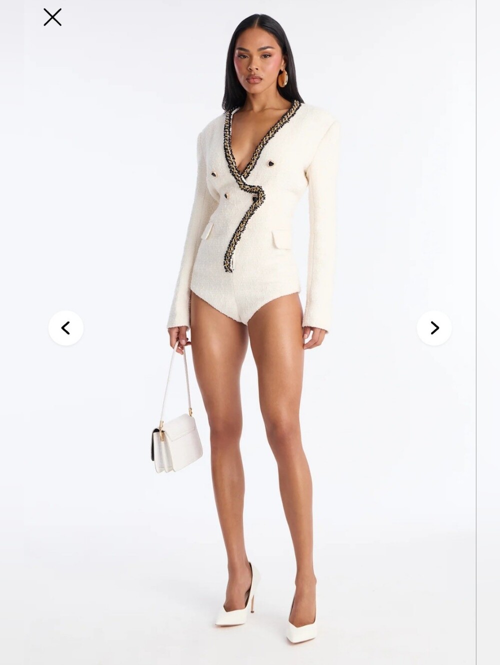 Fashion Nova Women's Long Sleeve Cream Tweed Romper with Heart Cutout Chain Trim